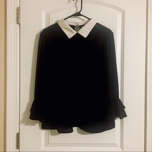 Elle black ruffle sleeve white collar blouse